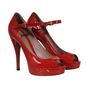 Gucci Womens Peep Toe Platform Ankle Strap Pumps US 8.5 EU 38.5 Red Patent